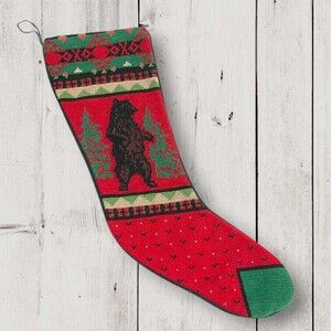 VTG Needlepoint Bear Midwest Cannon Falls Christmas Stocking Rustic MARKED TOM